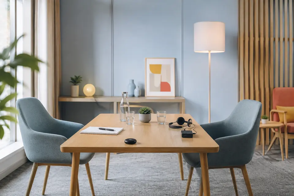 Salle calme avec une table préparée entre deux fauteuils.