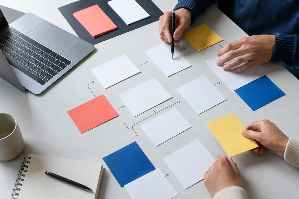 Mains réunies autour de cartes et de notes organisées en circuit.