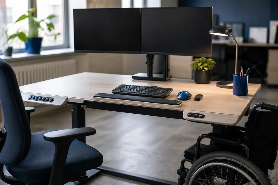 Poste de travail réglable avec un fauteuil roulant devant deux écrans.